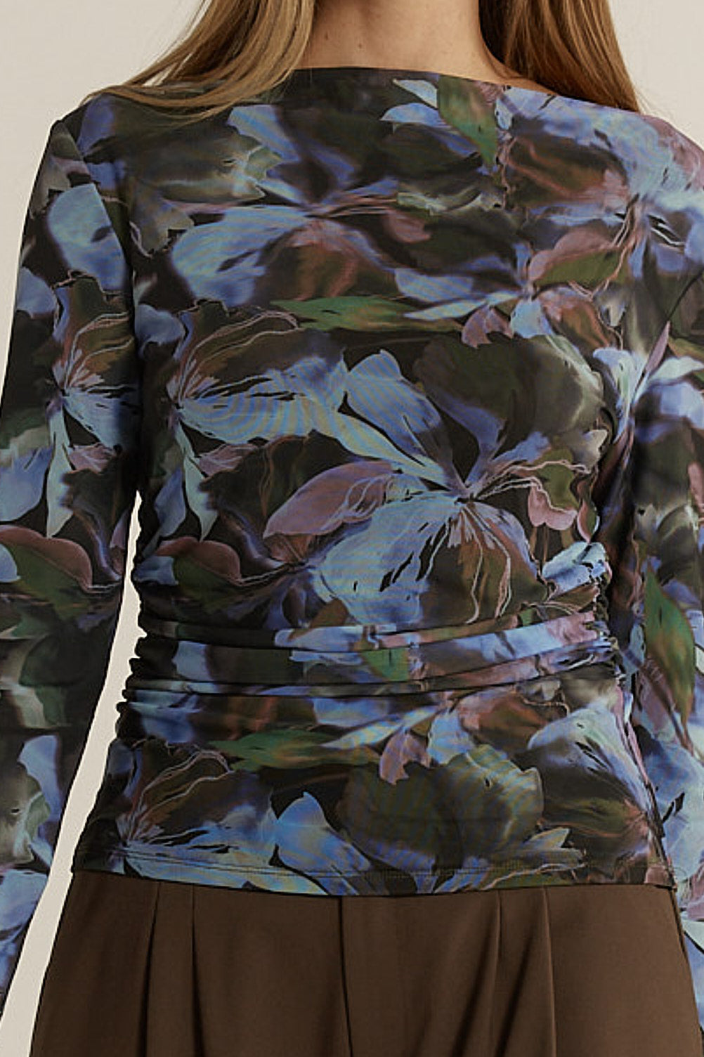 Close-up of a floral-patterned top with a blurred background