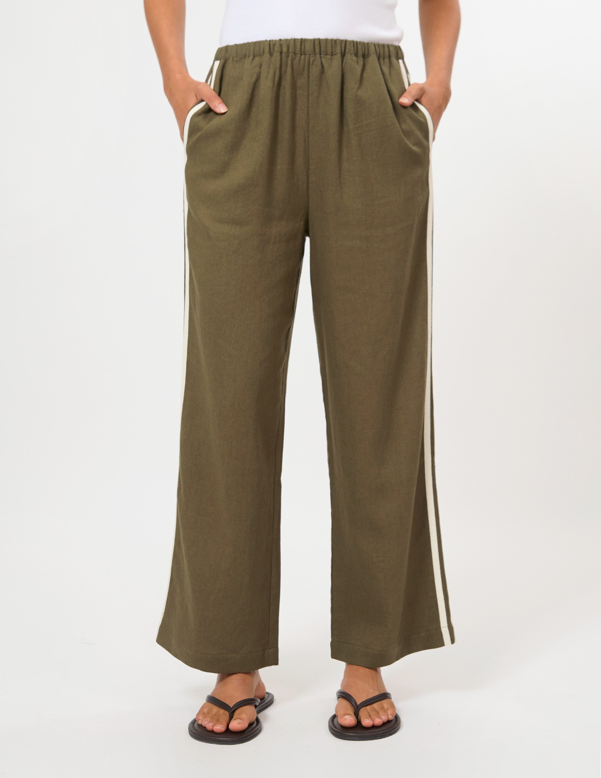 A person wearing olive green wide-leg pants with white side stripes, shown from the waist down against a plain light background.