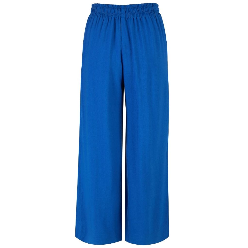 Bright blue wide-leg cropped pants with an elastic waistband, shown flat against a solid white background.