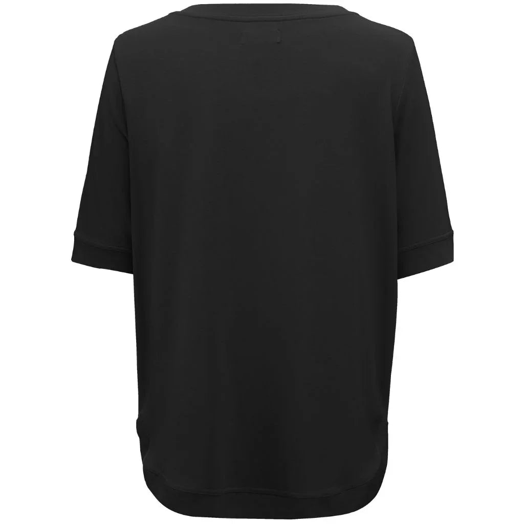 A black short-sleeve top with rolled cuffs, shown from the back against a plain white background.