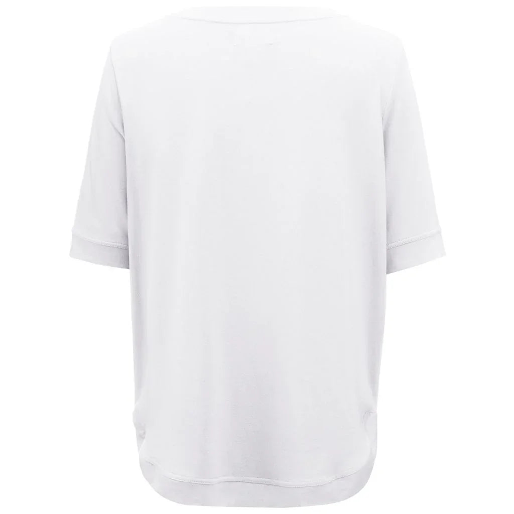 A plain white short-sleeve t-shirt shown from the back, photographed against a seamless white background.