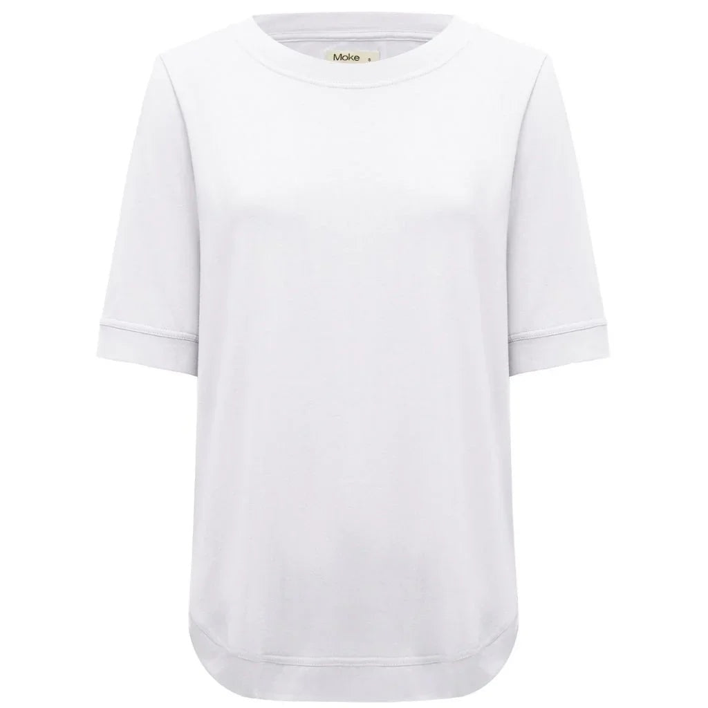 A white short-sleeve crewneck top with a relaxed fit and ribbed cuffs, shown against a plain white background.