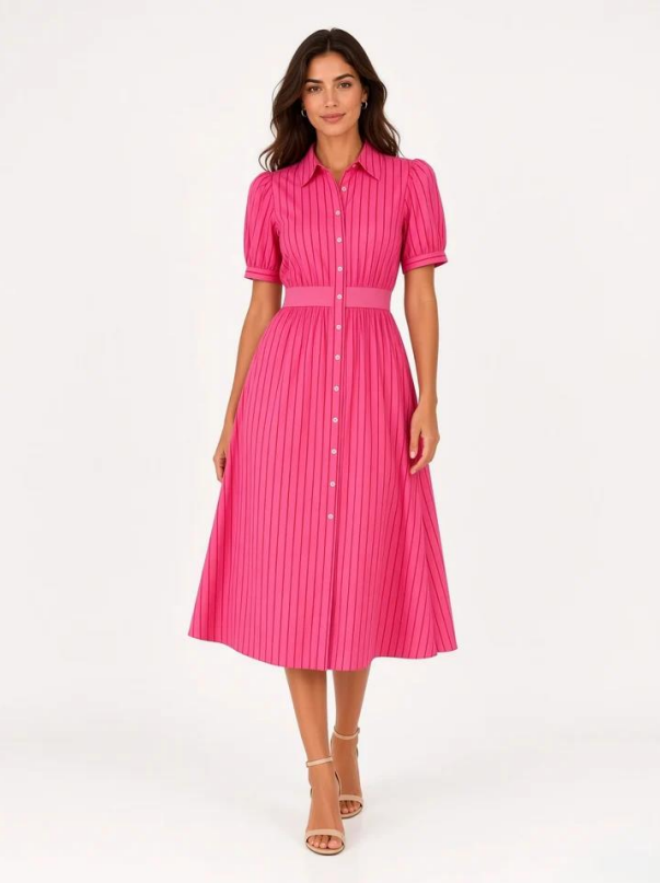 A woman modeling a bright pink midi shirt dress with vertical pinstripes, short puff sleeves, a button-down front, and a matching pink belt, photographed against a plain white studio background.