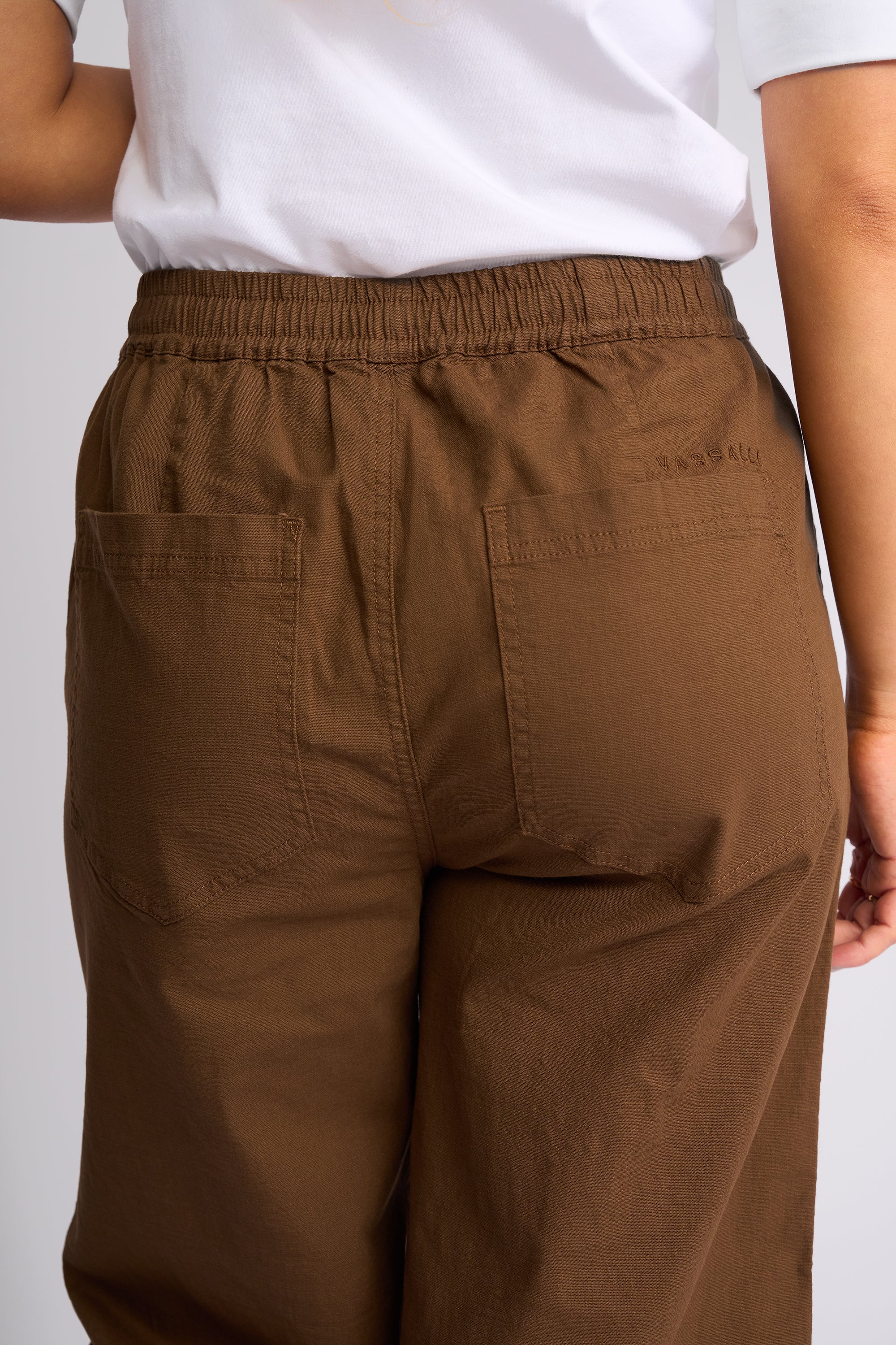 A close-up back view of a person wearing brown wide-leg pants with an elastic waistband and two large back patch pockets, paired with a white top against a light gray background.