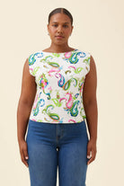Women wearing a paisley tank top