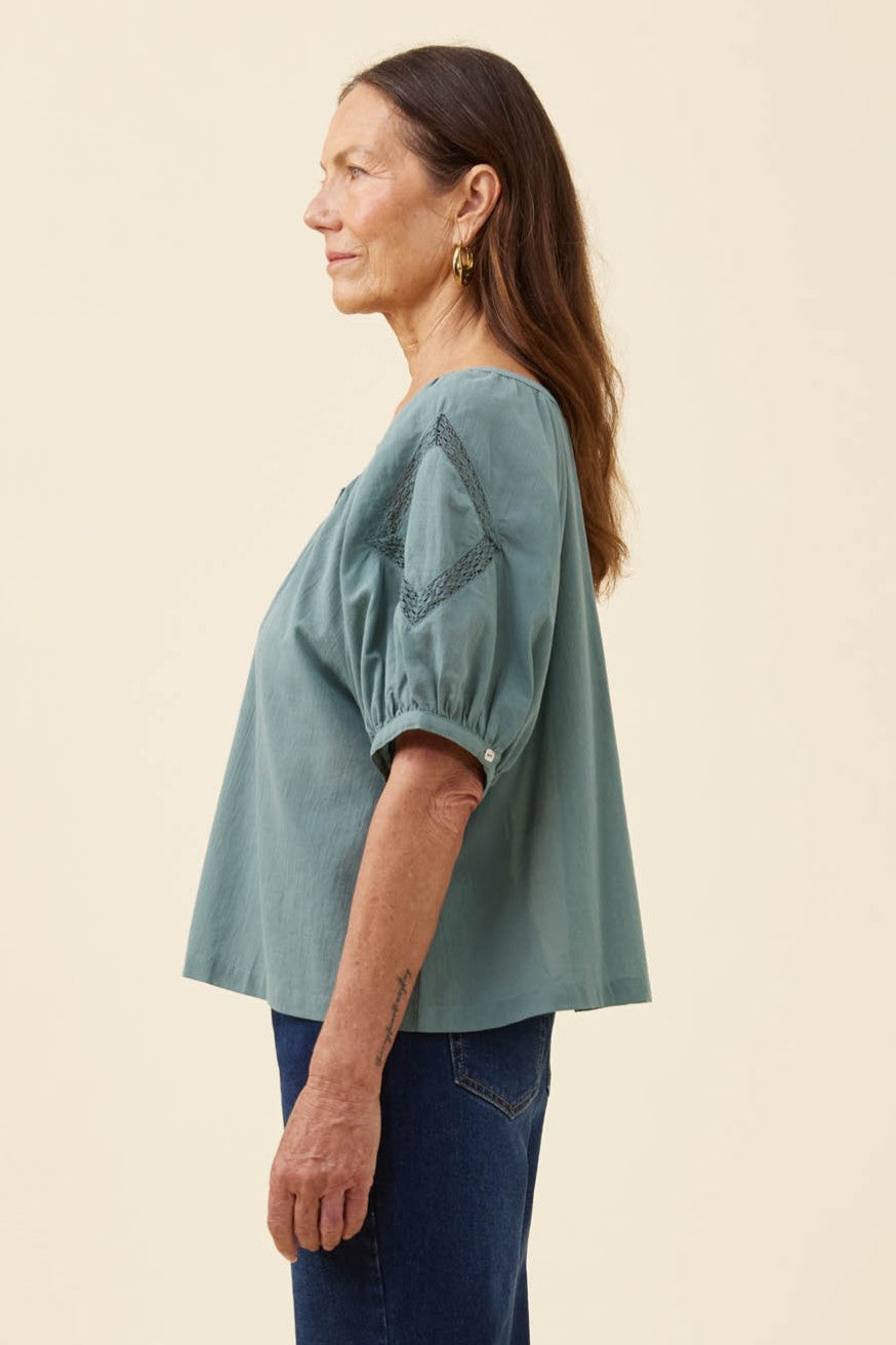 A woman shown in side profile wearing a muted sage green short-sleeve blouse with gathered puff sleeves and dark embroidery on the upper chest, paired with dark blue jeans, against a solid light beige background.