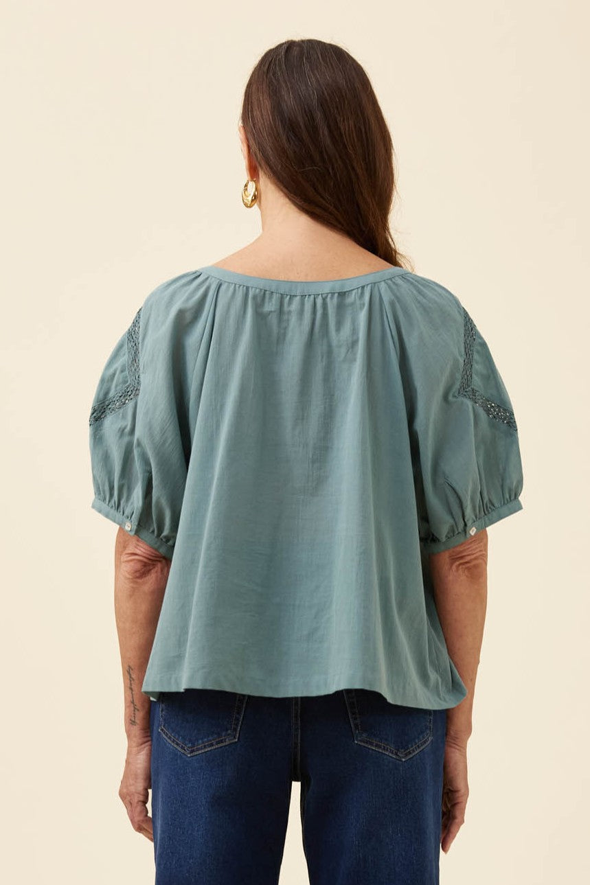 A woman viewed from the back wearing a sage green puff-sleeve blouse and dark blue jeans, set against a plain beige background.