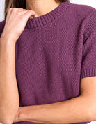 Close-up of a person wearing a short-sleeve knit sweater in a muted plum purple color, showing the ribbed crew neck and textured knit fabric.