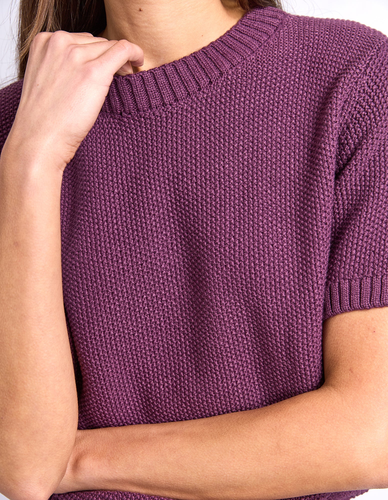 Close-up of a person wearing a short-sleeve knit sweater in a muted plum purple color, showing the ribbed crew neck and textured knit fabric.