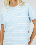 A close-up of a model wearing a light blue and white horizontally striped t-shirt with 'ALL ABOUT EVA' printed in a subtle tone on the chest.