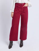 Red pants worn by a person on a white background