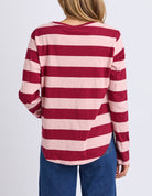 Person wearing a red and pink striped long-sleeve shirt on a plain background