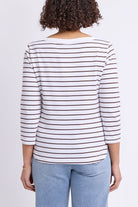 A woman viewed from the back wearing a white long-sleeve top with thin brown horizontal stripes and light blue jeans, against a plain light gray studio background.