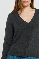 Dark gray cardigan worn by a person on a white background