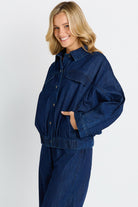 Women wearing dark blue jacket