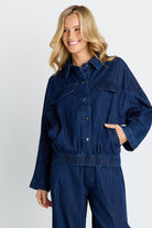 Women wearing dark blue jacket