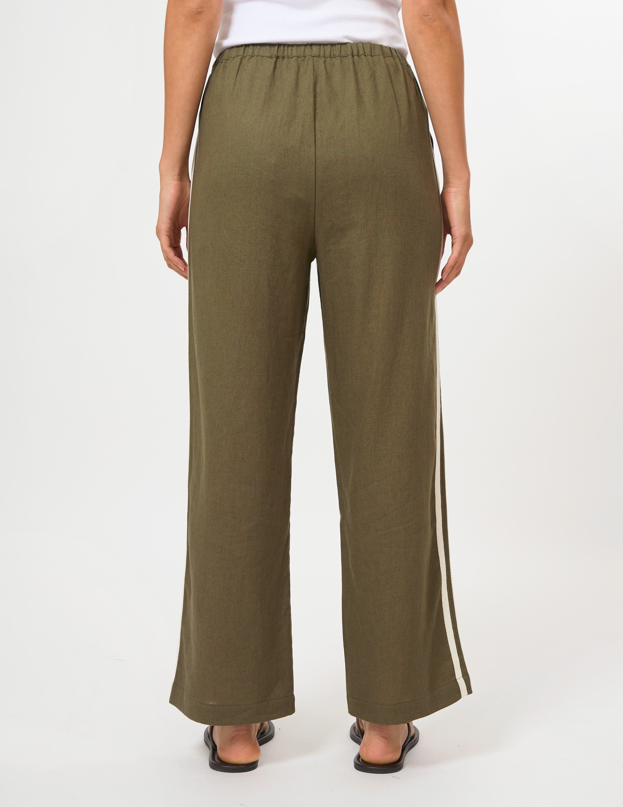 A person shown from the back wearing olive green wide-leg pants with a white side stripe, paired with a white top and black sandals, against a plain light background.