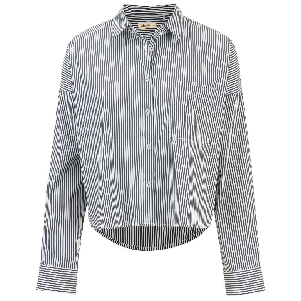 A long-sleeve button-up shirt with a black and white vertical stripe pattern, featuring a pointed collar, white buttons, and a cropped, slightly oversized silhouette.