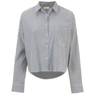 A long-sleeve button-up shirt with a black and white vertical stripe pattern, featuring a pointed collar, white buttons, and a cropped, slightly oversized silhouette.