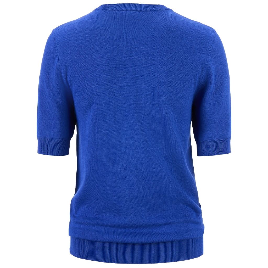 A royal blue short-sleeve knit sweater shown from the back, featuring a crew neck and ribbed cuffs and hem, set against a plain white background.