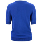 A royal blue short-sleeve knit sweater shown from the back, featuring a crew neck and ribbed cuffs and hem, set against a plain white background.