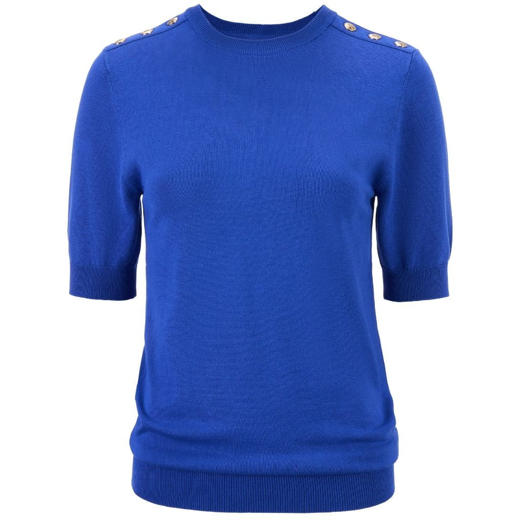 A royal blue short-sleeve knit sweater with decorative gold-tone metal buttons on the shoulders, shown against a plain white background.