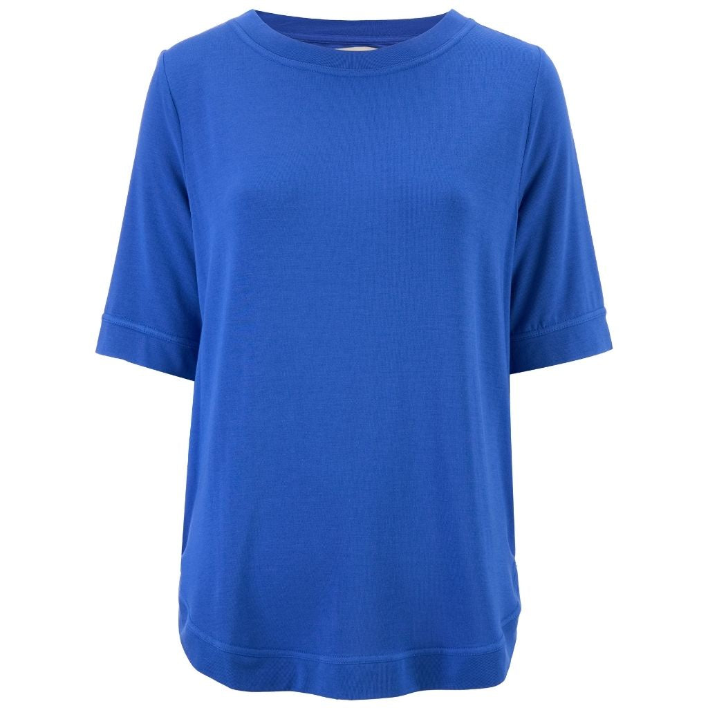 A bright blue short-sleeve crewneck top with a ribbed texture, displayed on a clean white background.