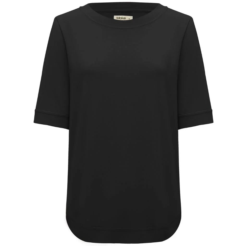 A black short-sleeve top with a wide crew neckline and rolled cuffs, shown against a plain white background.