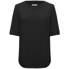 A black short-sleeve top with a wide crew neckline and rolled cuffs, shown against a plain white background.