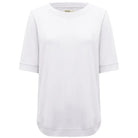 A white short-sleeve crewneck top with a relaxed fit and ribbed cuffs, shown against a plain white background.