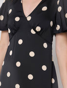 Close-up of a black wrap-style dress with short flutter sleeves and large beige polka dots, shown on a model against a light gray background.
