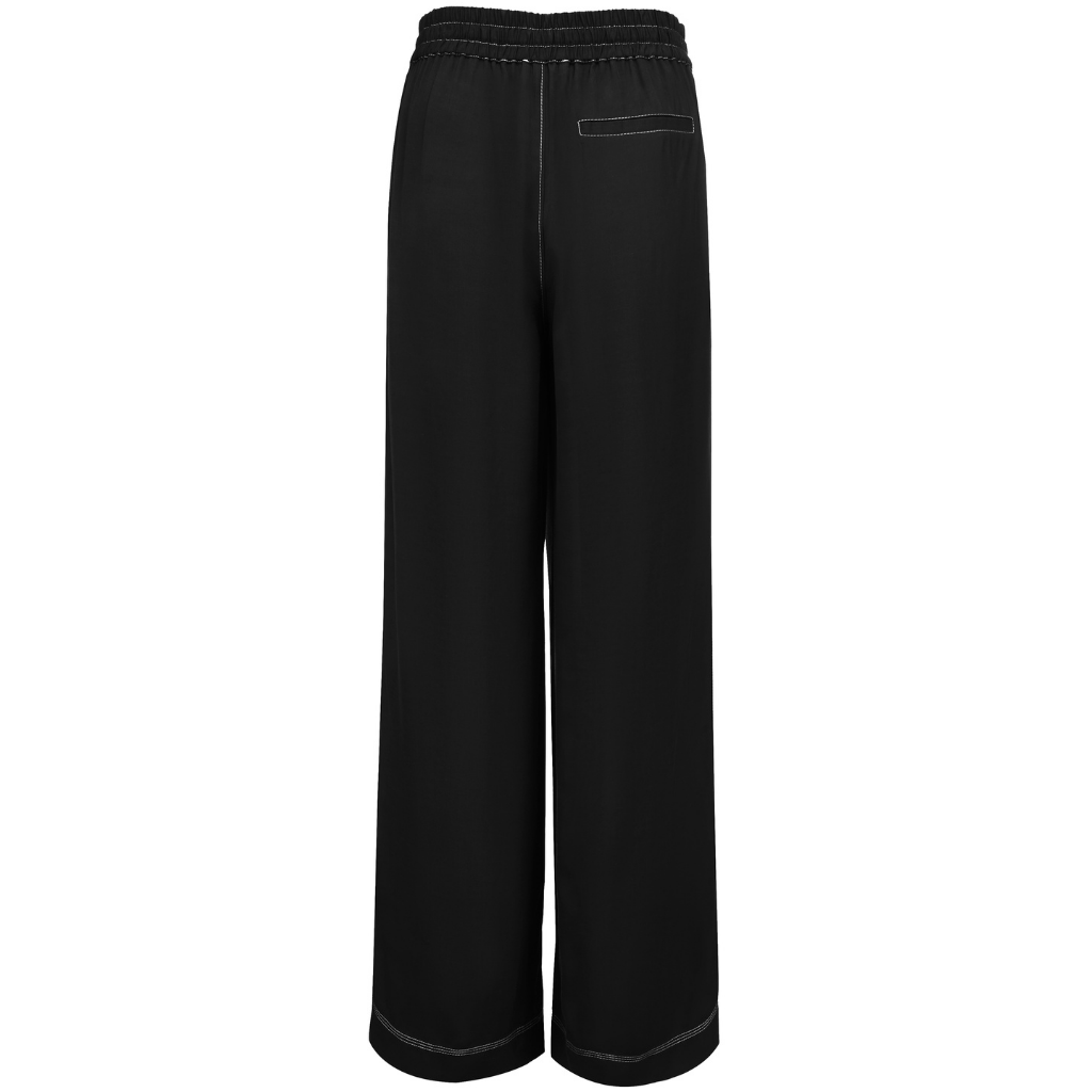 Black wide-leg pants with an elastic waistband and a small welt pocket on the right hip, shown against a plain white background.