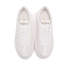 A pair of white low-top sneakers shown from a top-down view on a solid white background. The shoes feature white laces, white leather panels, and a white rubber sole, with the brand name 'Minn' printed in gold on the tongue and gold logo on the insole.