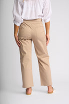 A model shown from the back wearing beige wide-leg cropped trousers, a white blouse, and white slide sandals, set against a plain light gray studio background.